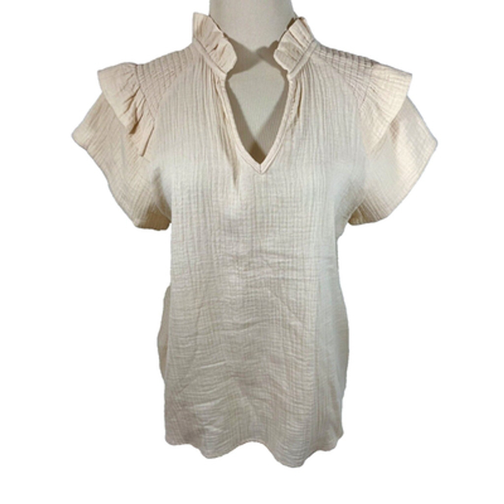 Mazik Blouse Women's Sz M Light Peach V-Neck 100% Cotton Ruffles Pullover - Picture 2 of 11